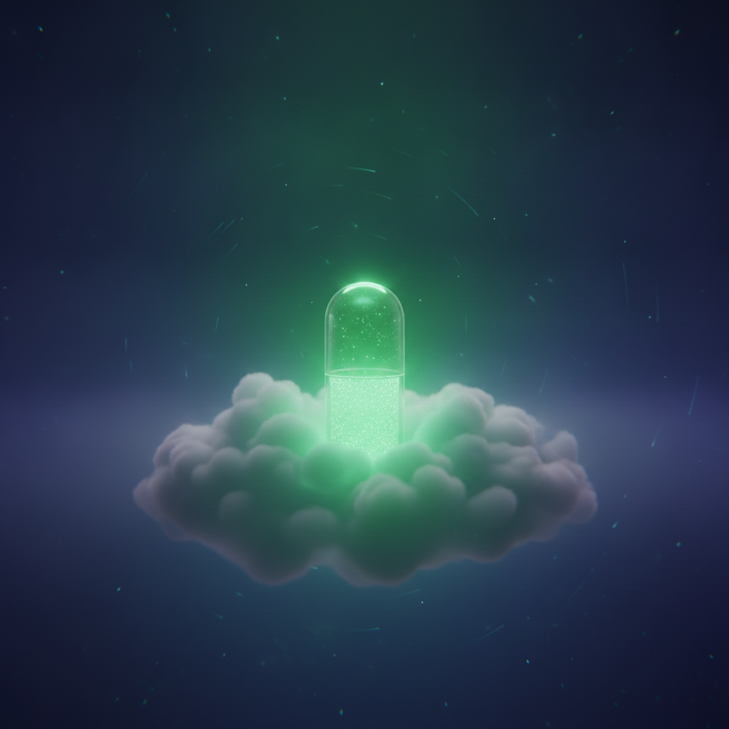 A single FlyTab capsule resting on cloud, glowing emerald green