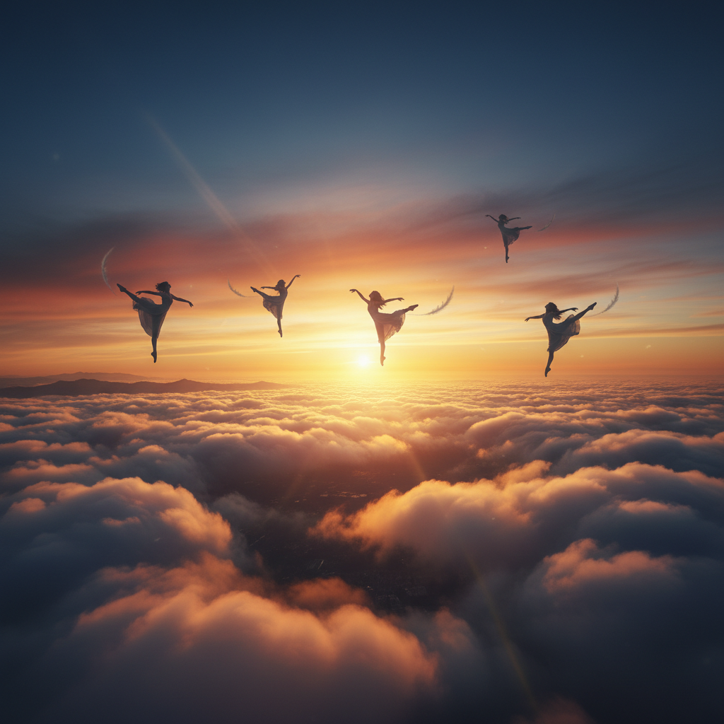 People flying above the clouds at golden hour